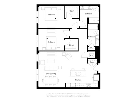 Floor plan for 2 beds, 2 baths, 1342 sqft